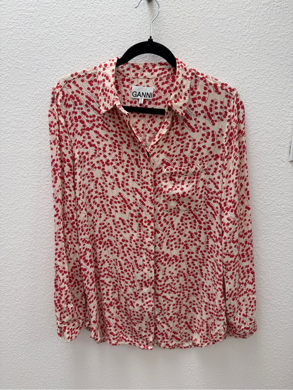 Ganni Cream Covered Button Up Blouse with Red Floral Pattern